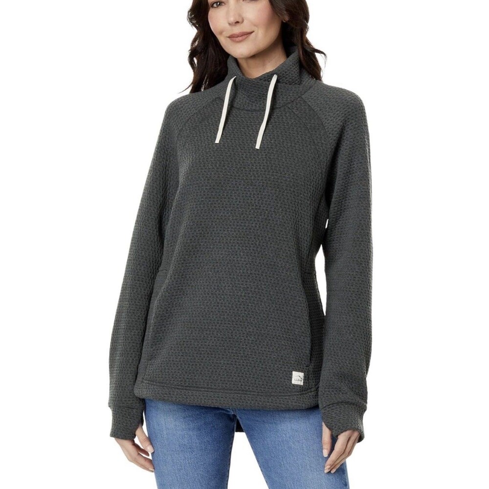 L.L.Bean Women’s L Petite Waffle Knit Funnel Neck Pullover Charcoal Gray